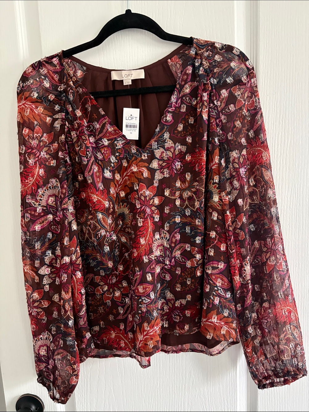 NWT LOFT Burgundy Floral V-Neck Sheer Blouse with Multi-Color Print